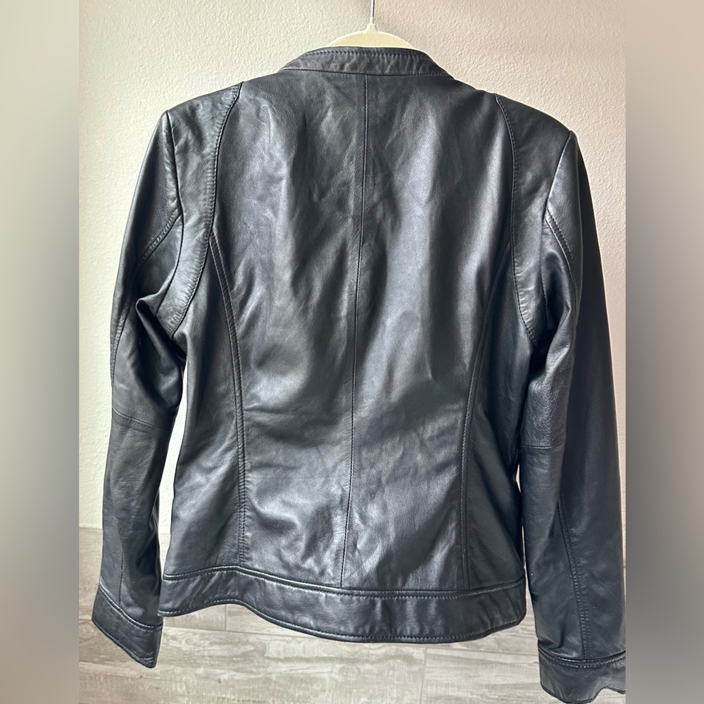 Andrew Marc Black Moto Jacket with Pockets + Turquoise Satin Lining Sz M - Picture 6 of 13